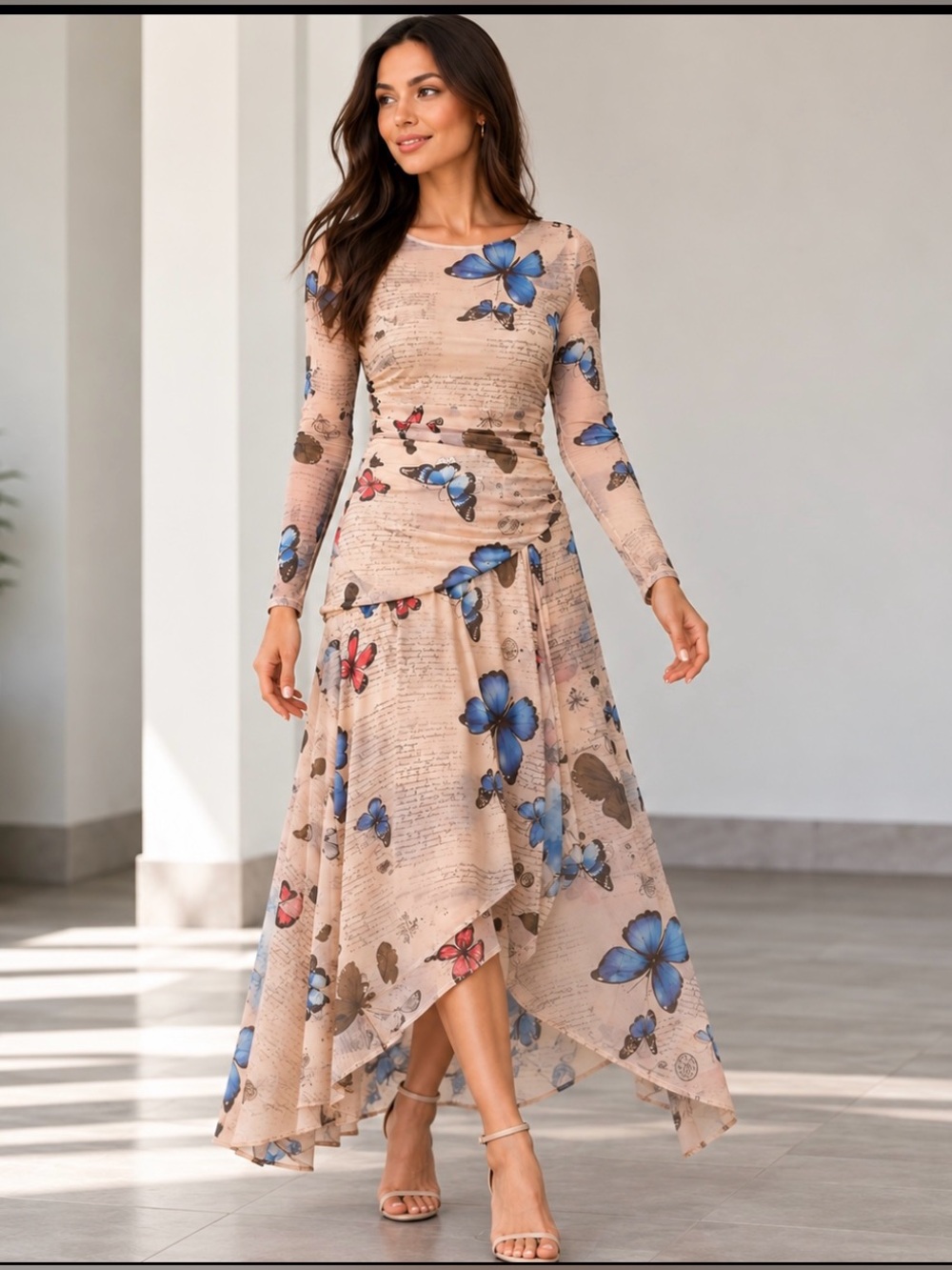 Butterfly Print Mesh Maxi Dress Ruched Asymmetrical High Low Size S Anewsta